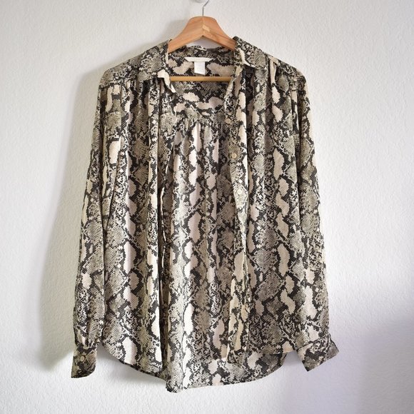 H&M Beige Snakeskin Pattern Chiffon Long Sleeve Blouse - Picture 10 of 14